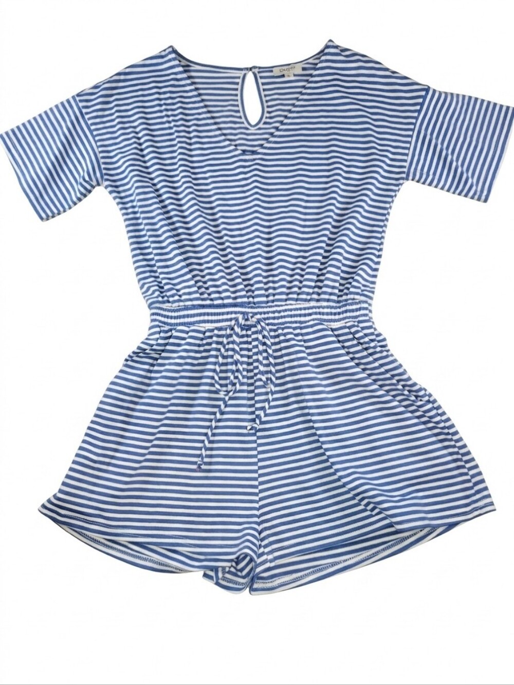Umgee Blue White Stripe Romper Keyhole Back V-Neck Elastic Waist S Coastal